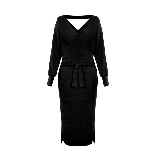 Schwarzes Damen-Wickelkleid, langärmelig, V-Ausschnitt, mit Gürtel, elegantes Design.
