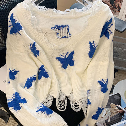 Weißer Strickpullover mit blauen Schmetterlingen, V-Ausschnitt, Fransen, Damenmode, Baumwolle.