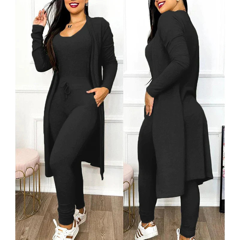 Damen-Langarm-Jumpsuit, schwarz, elegant, bequem, Freizeitmode, Herbst-Winter-Outfit.