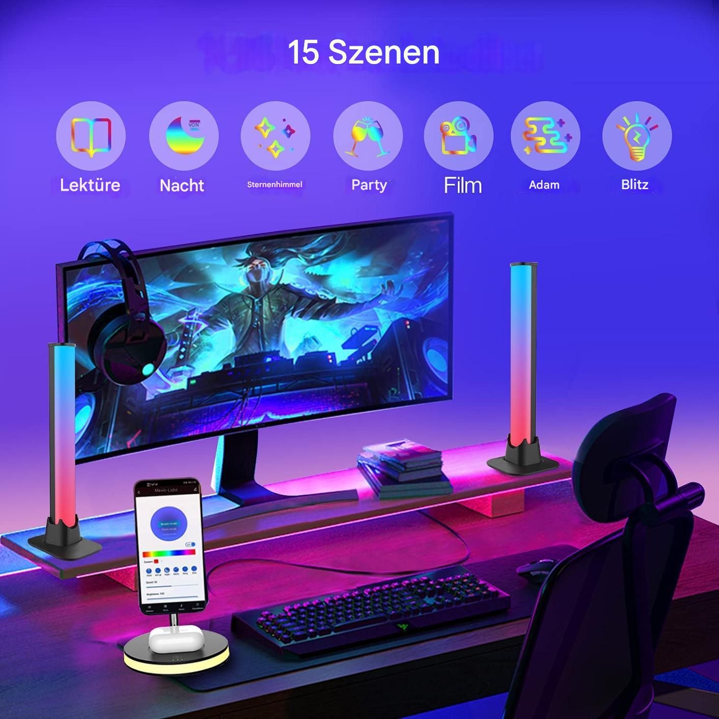 Gaming-Setup mit LED-Lichtleisten, RGB-Beleuchtung, Monitor, Tastatur, Kopfhörer, Smartphone.