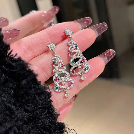 Weihnachtsbaum-Ohrringe, Silber, mit bunten Kristallen, festlicher Schmuck, Damenaccessoire