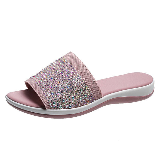 Rosa Damen-Pantoletten mit Strasssteinen, bequeme Sommerschuhe, modisch und elegant.