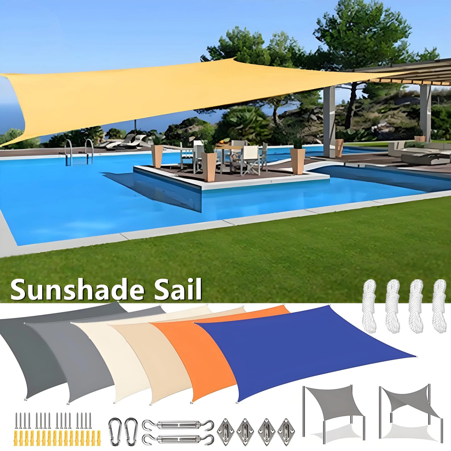 Wasserfester rechteckiger Sonnenschutzsegel mit UV-Schutz und Montagesets – ShadeGuard