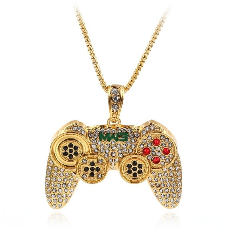 Goldene Controller-Halskette mit Strasssteinen, Gaming-Schmuck, modisches Accessoire.
