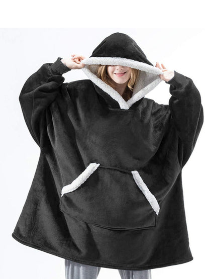 Flauschiger schwarzer Hoodie-Decke mit Kapuze, Kängurutasche, Unisex, gemütlich, warm.
