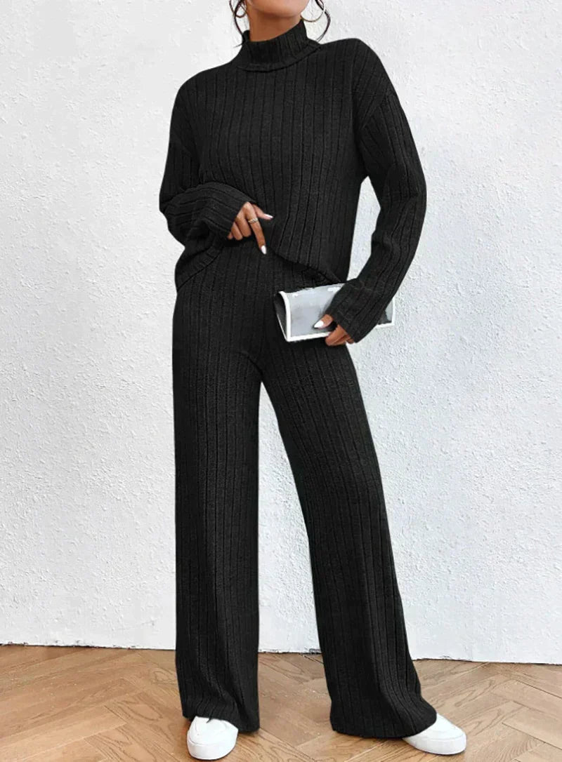 Damen Zweiteiler Set, schwarz, Strick, Rollkragen, weite Hose, modisch, bequem, Herbstmode.