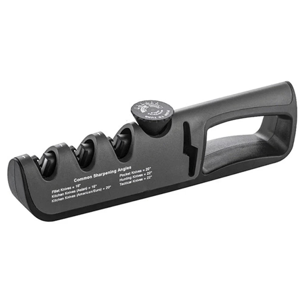 Schwarzer Messerschärfer mit drei Schleifstufen, ergonomisch, für Küchen- und Taschenmesser.
