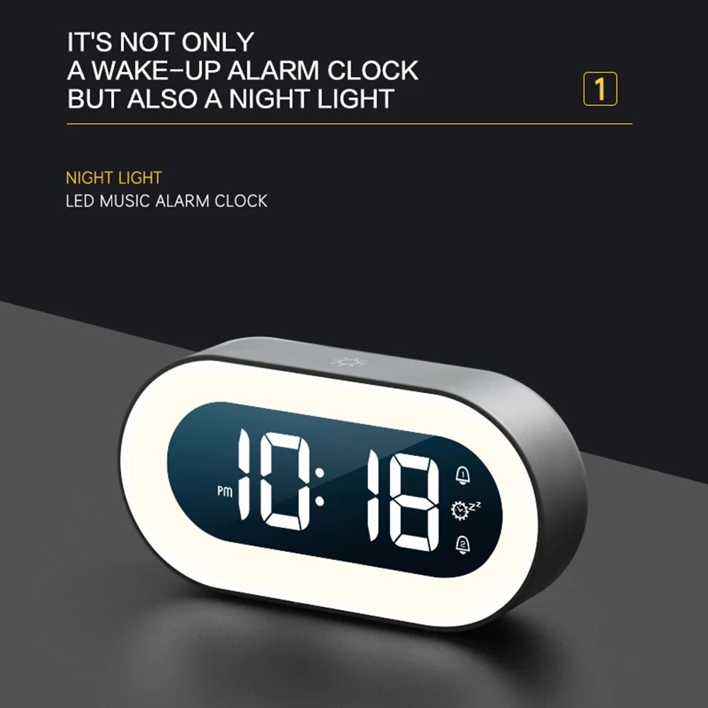 LED Musikwecker mit Nachtlicht, digital, schwarz, modernes Design, multifunktional.