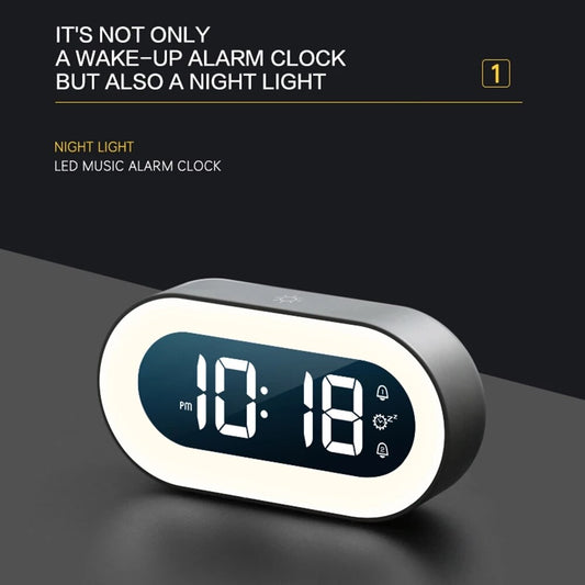 LED Musikwecker mit Nachtlicht, digital, schwarz, modernes Design, multifunktional.