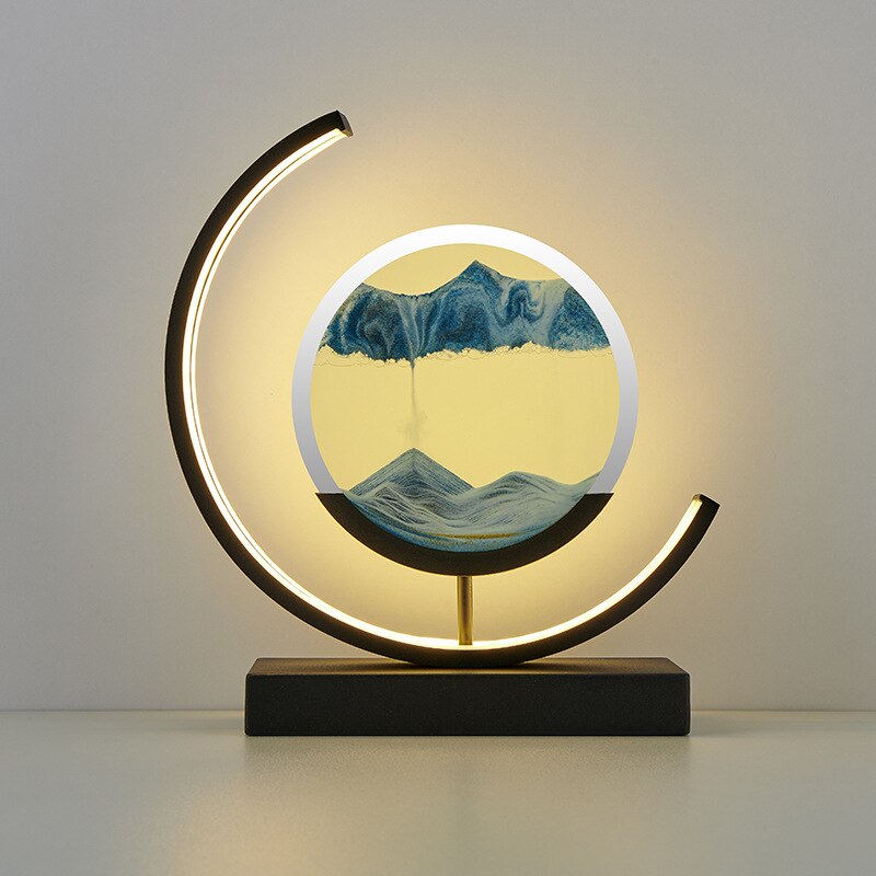 Moderne Sanduhrlampe mit LED, schwarz, rund, dekorativ, für Wohnzimmer oder Büro.