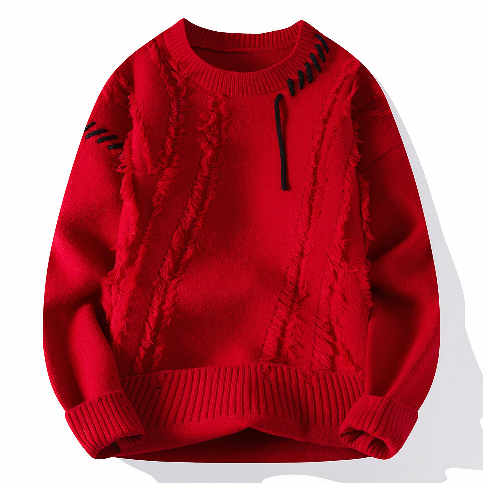 Roter Strickpullover mit Fransen, Herrenmode, Baumwolle, modisches Design, Winterkleidung.