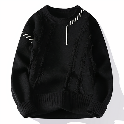 Schwarzer Strickpullover mit weißen Ziernähten, Herrenmode, Winterkleidung, Baumwolle.
