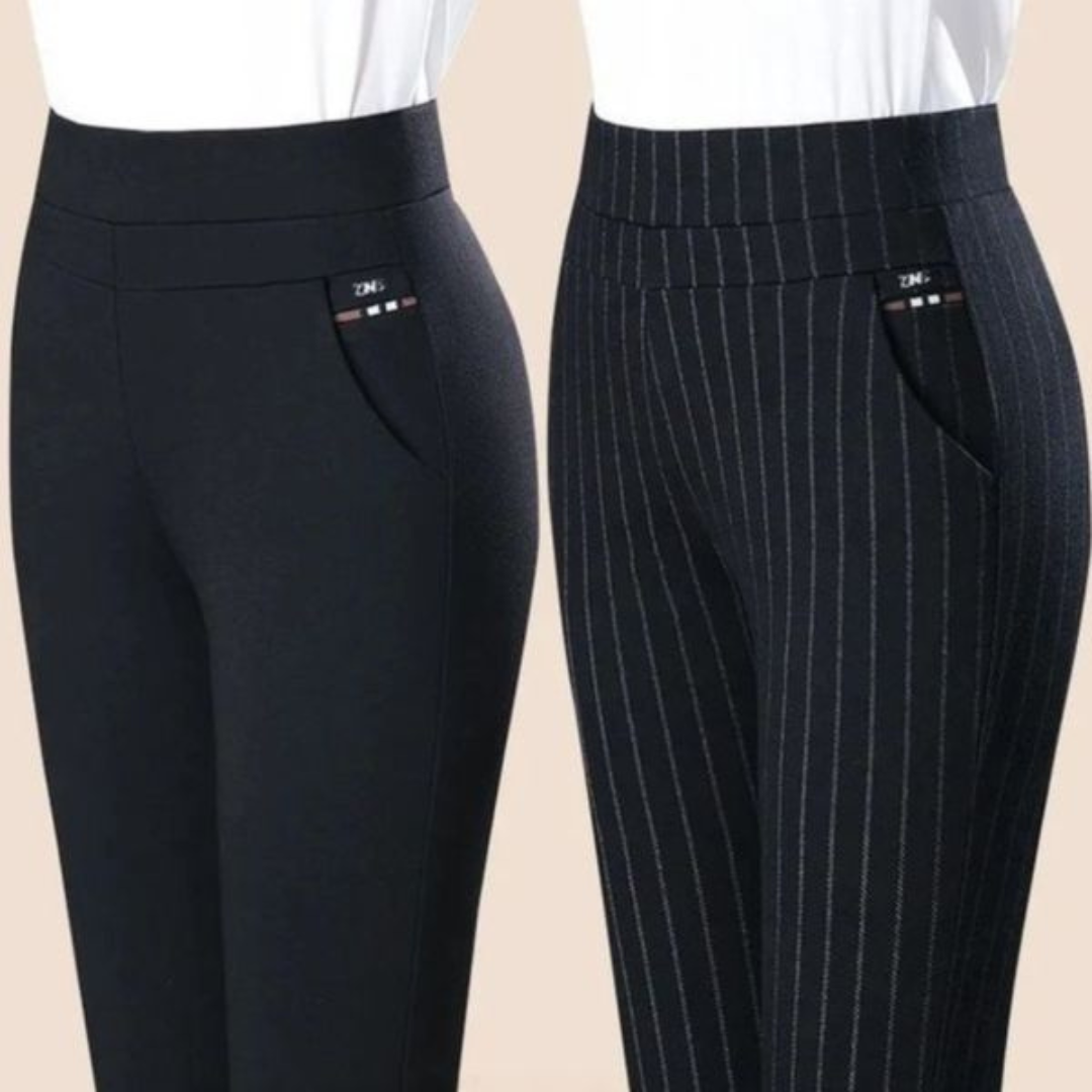 Damenhosen schwarz und gestreift, elegant, hoher Bund, Business-Look, bequem, modisch.