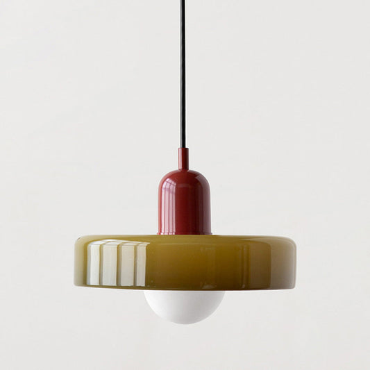 Moderne Pendelleuchte aus Glas, rot und olivgrün, 25 cm, minimalistisches Design.