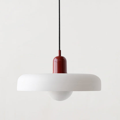 Weiße Deckenleuchte mit rotem Sockel, modernes Design, 35 cm Durchmesser, Innenbeleuchtung.