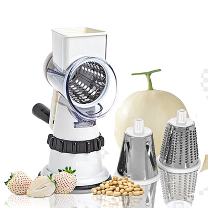 Weißer Gemüseschneider mit Trommel, Edelstahl, manuell, ideal für Küche, Obst und Gemüse.