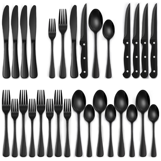 Schwarzes Besteckset aus Edelstahl, 24-teilig, modern, Messer, Gabeln, Löffel, stilvoll.