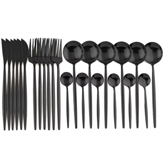 Schwarzes Edelstahl-Besteckset, 24-teilig, modern, Messer, Gabeln, Löffel, stilvoll.