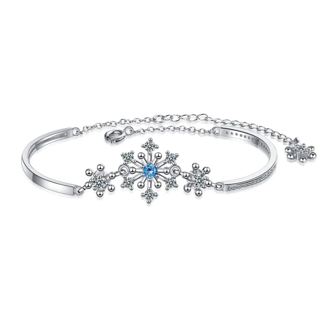 Silberarmband mit Schneeflocken-Design, blauer Kristall, Damen-Schmuck, verstellbar.
