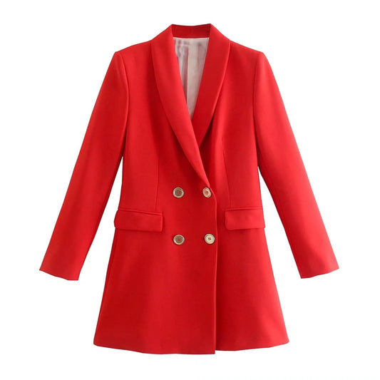 Roter Damenblazer, zweireihig, elegantes Design, modische Damenjacke, Business-Outfit.