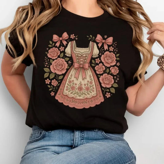Damen T-Shirt mit Dirndl-Print – RosaBlüte Oktoberfest 2026