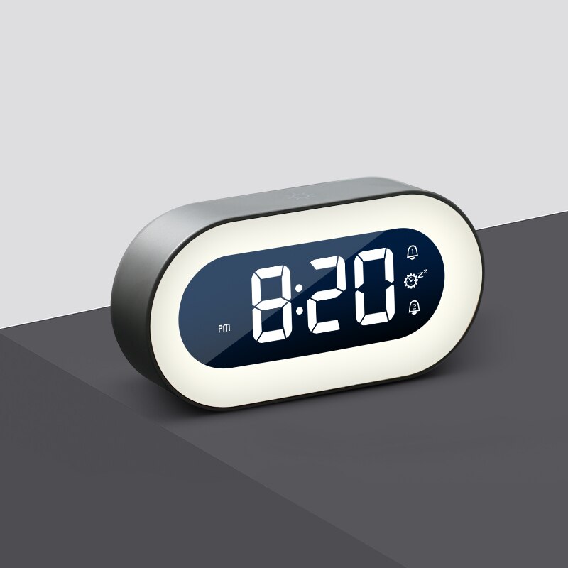 Digitaler Wecker mit LED-Anzeige, oval, grau, modernes Design, Tischuhr, Schlafzimmer.