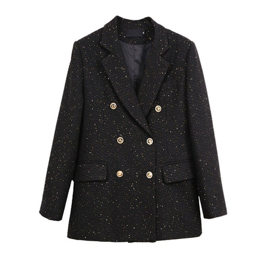 Schwarzer Damenblazer mit goldenen Knöpfen, elegantes Design, Businessmode.