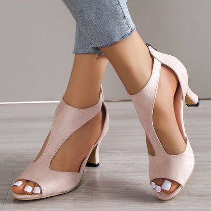 Damen Sandalen Sommer 2023, rosa, runde Spitze, Stiletto, mittlerer Absatz, elegant, modisch.