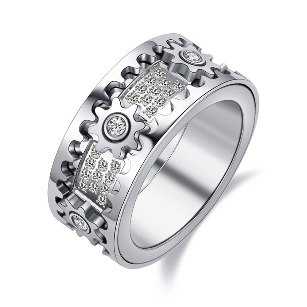Silberner Edelstahlring mit Zahnrad-Design und Zirkonia-Steinen, Herrenmode-Schmuck.
