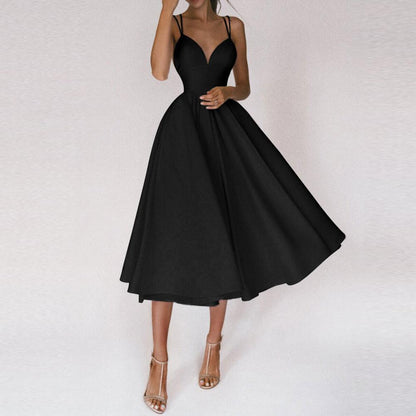 Schwarzes Cocktailkleid Damen, ärmellos, V-Ausschnitt, knielang, elegantes Abendkleid.