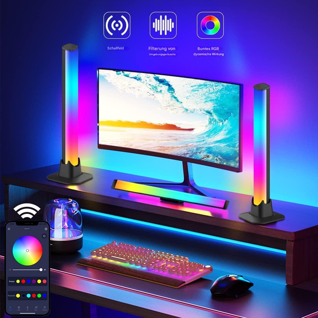 RGB-LED-Lichtleisten für Gaming-Setup, bunt, steuerbar per App, ideal für Schreibtisch-Dekoration.