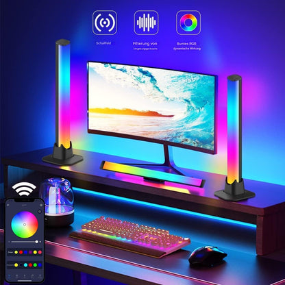 RGB-LED-Lichtleisten für Gaming-Setup, bunt, steuerbar per App, ideal für Schreibtisch-Dekoration.