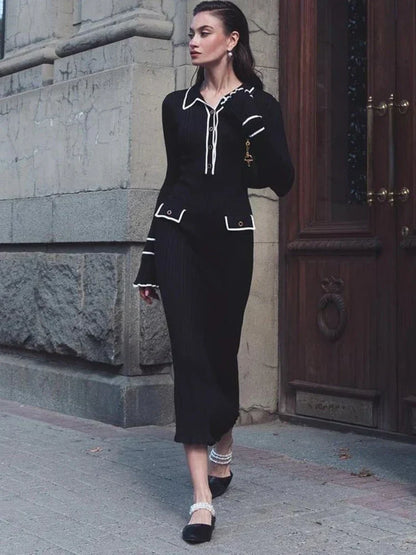 Damen Strick-Maxikleid mit hoher Taille & Rüschen – Isolde