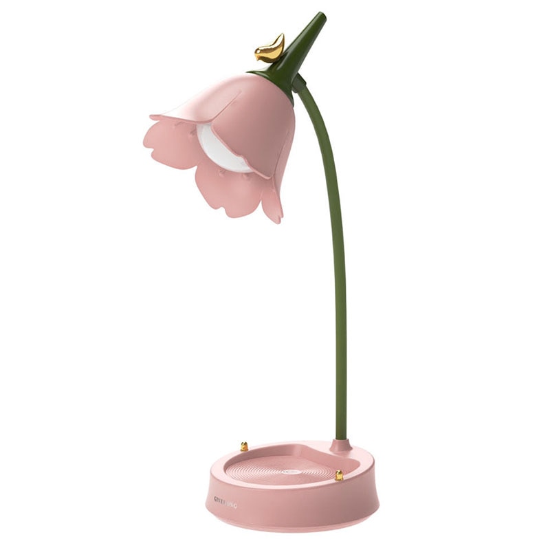 Rosa Blüten-Tischlampe mit grünem Stiel, dekorative LED-Leuchte für Kinderzimmer.