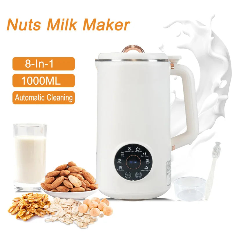 Weißer Nussmilchbereiter 1000ml, 8-in-1, automatische Reinigung, mit Nüssen und Glas.