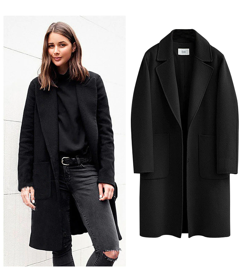 Schwarzer Damenmantel aus Wolle, klassischer Schnitt, Herbstmode, elegant und zeitlos.
