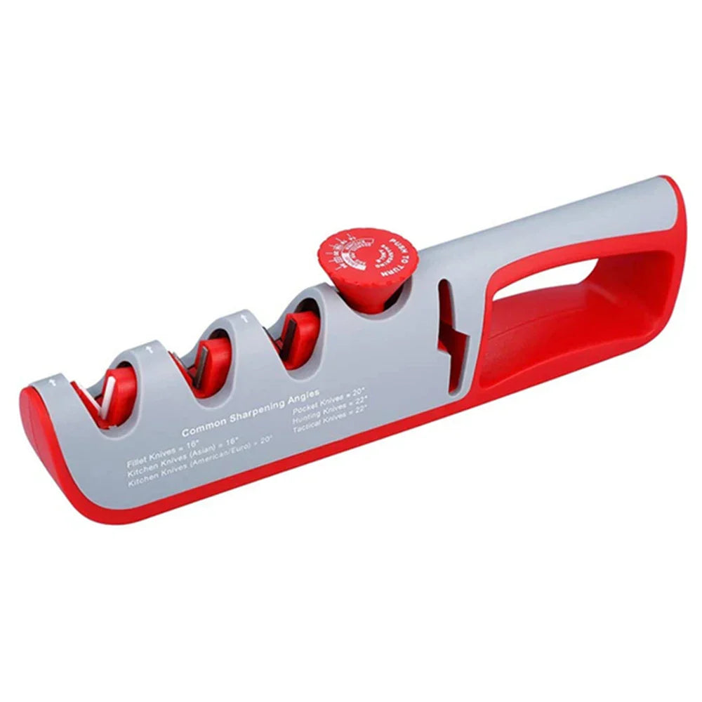 Roter und grauer Messerschärfer, dreistufig, ergonomisch, für Küchenmesser.