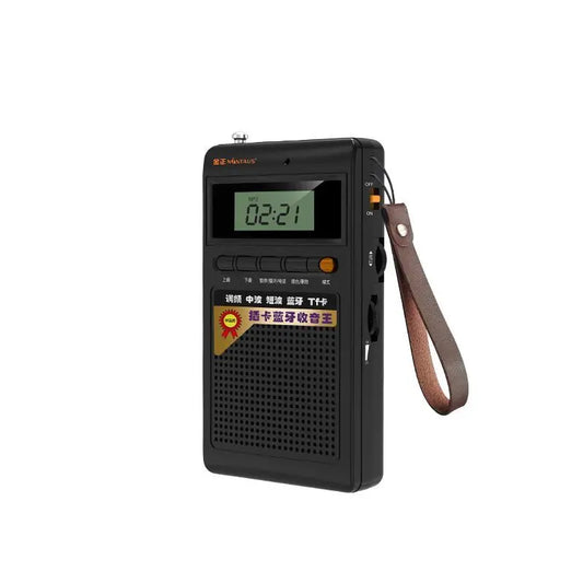 Schwarzes tragbares Radio mit digitalem Display und Lederschlaufe, ideal für unterwegs.