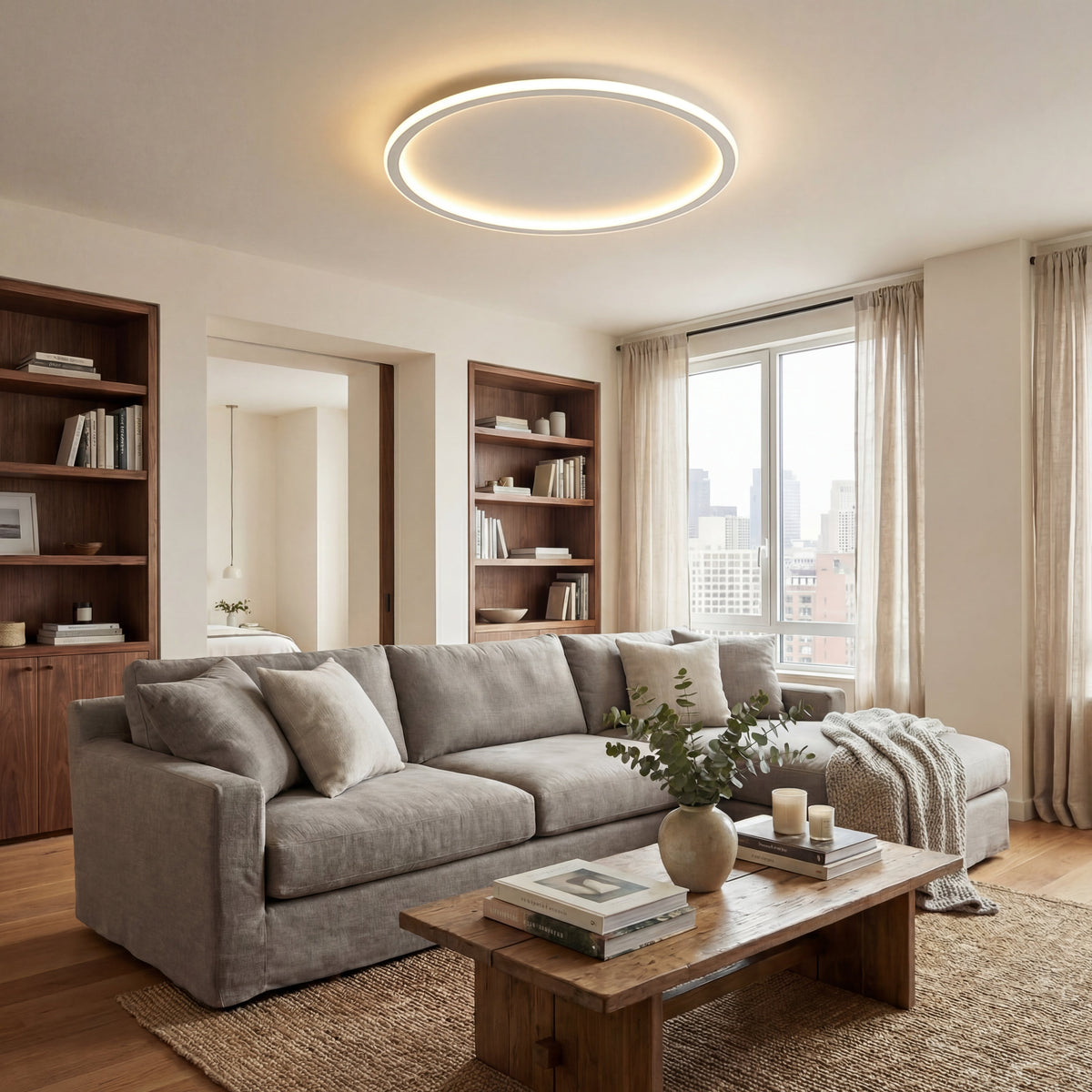 Große Ringleuchte an der Decke eines Wohnzimmers mit grauem Sofa, Holzregalen, Couchtisch und Fenster zur Stadt. 5