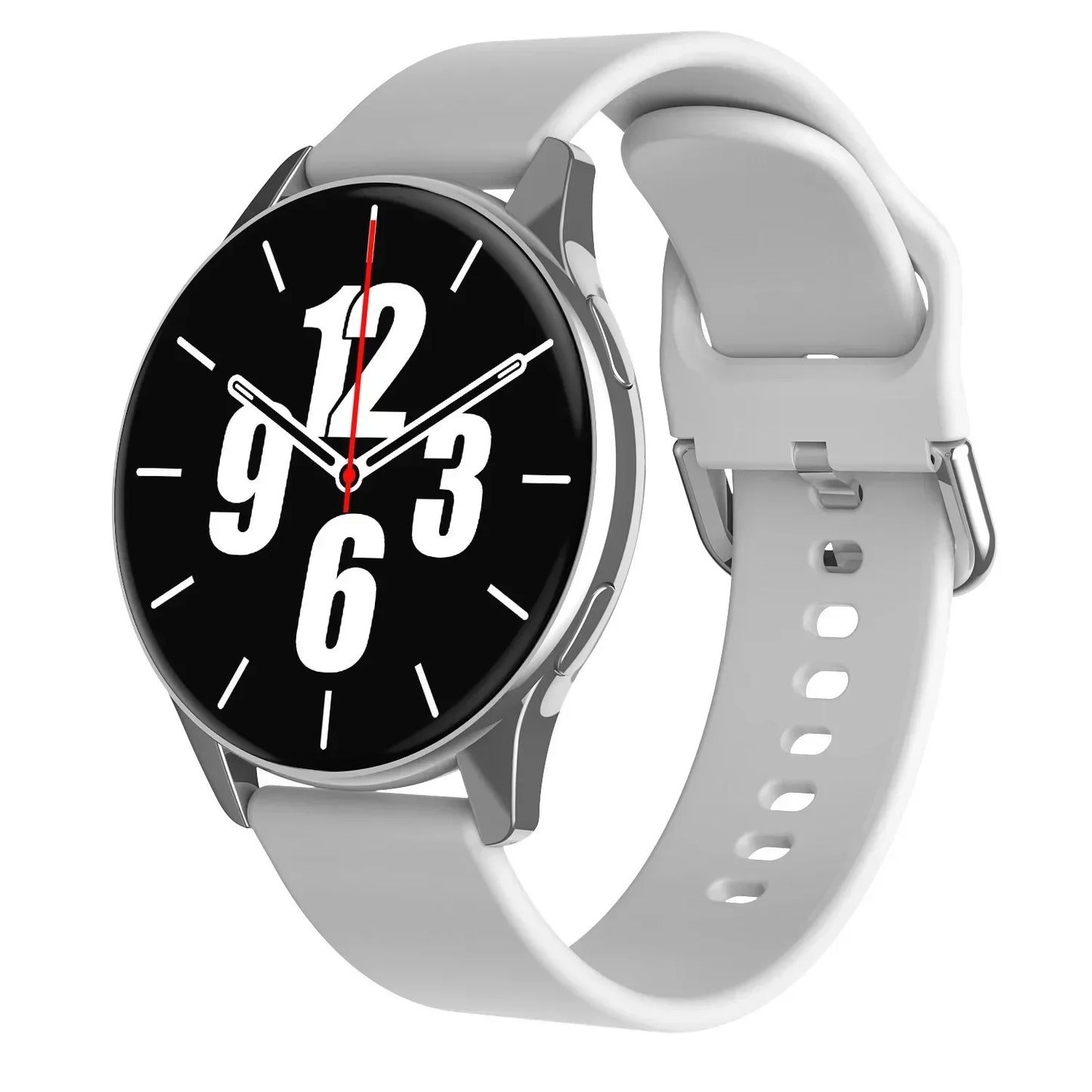 Silberne Smartwatch mit weißem Armband, schwarzem Zifferblatt und großen weißen Zahlen.