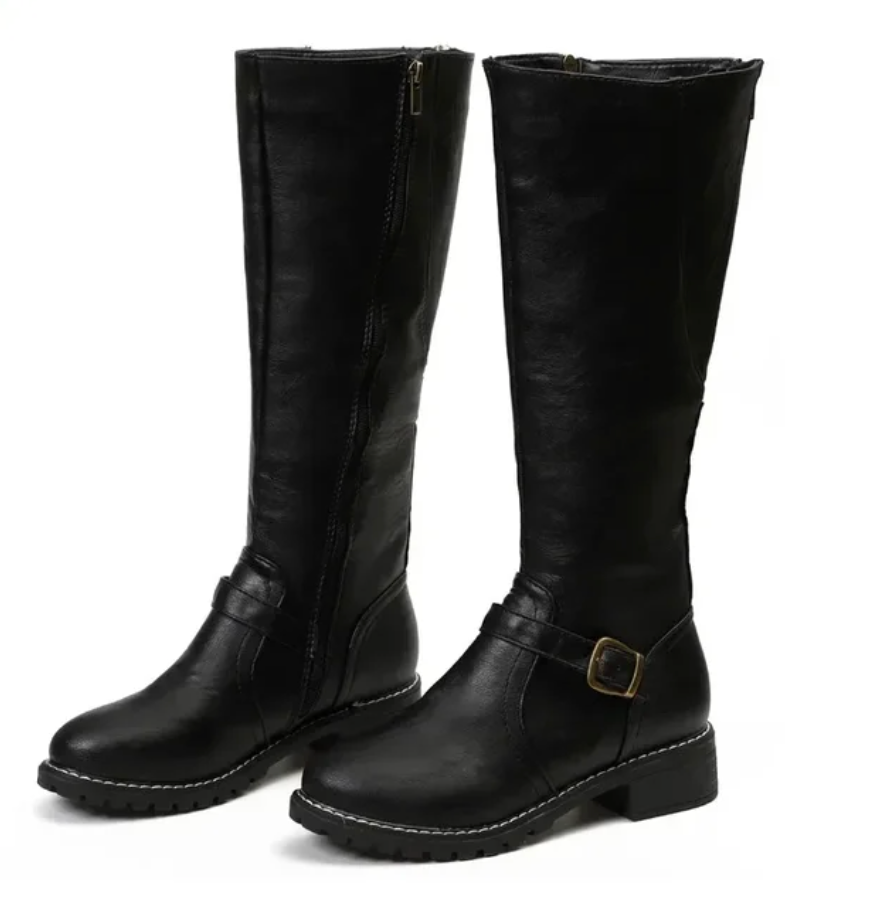 Schwarze Damenstiefel aus Leder mit Schnalle, Reißverschluss, kniehoch, modisch, robust.