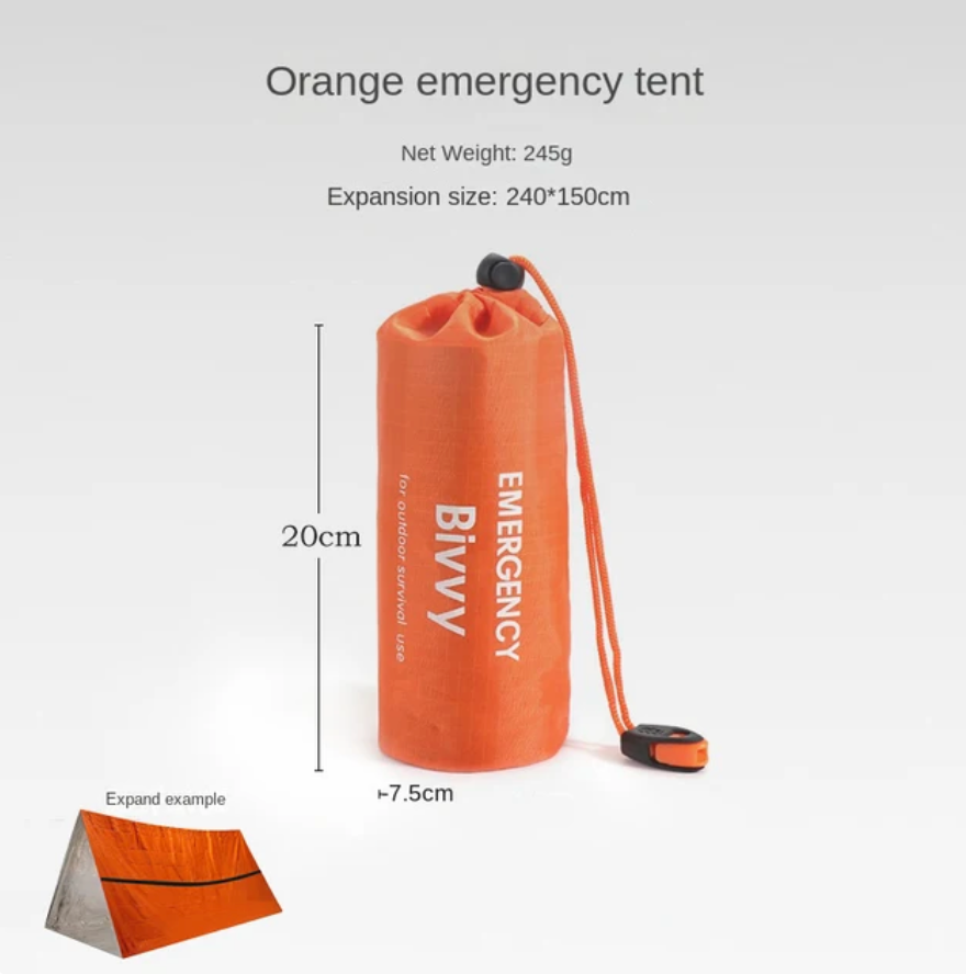 Orange Notfallzelt, kompakt, leicht, 240x150cm, Biwvy, Outdoor, Überlebensausrüstung.