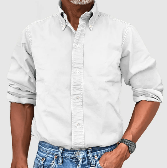 Weißes Herrenhemd, Button-Down-Kragen, langärmlig, Baumwolle, lässig, modisch.