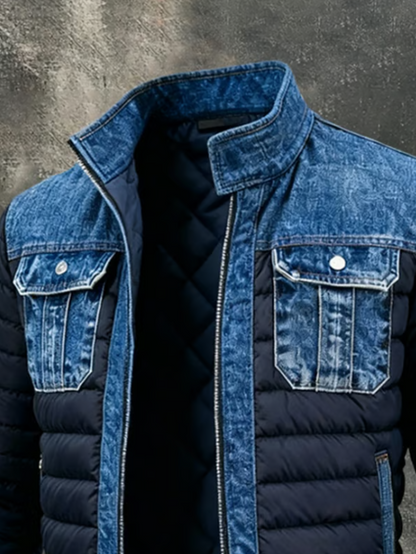 Men's Quilted Denim Jacket with Stand Collar and Zip Front, Blue 3
