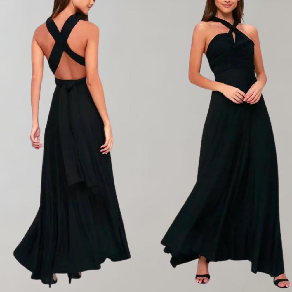 Schwarzes Damen-Wickelkleid, festlich, ärmellos, bodenlang, elegantes Design.