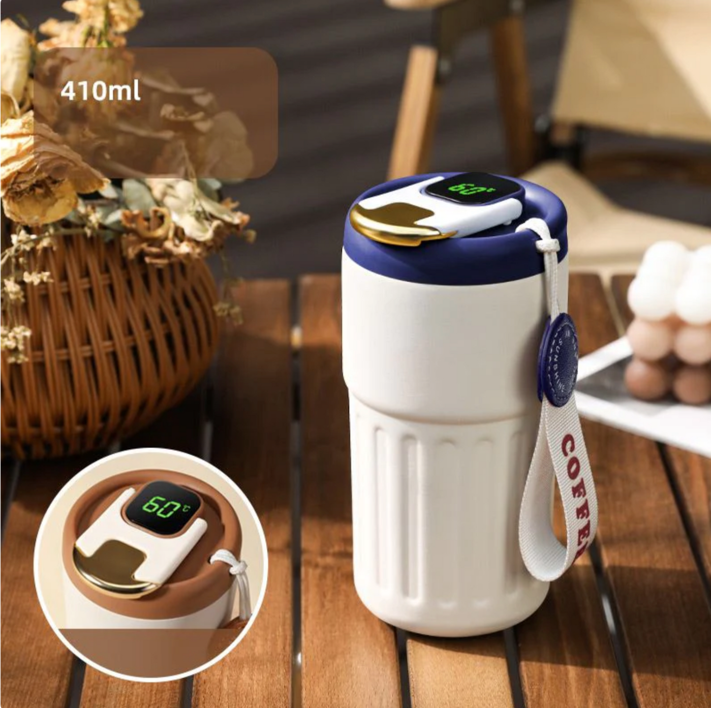 Weißer Thermobecher 410ml mit digitalem Temperaturdisplay, blauer Deckel, Kaffeetasse, tragbar