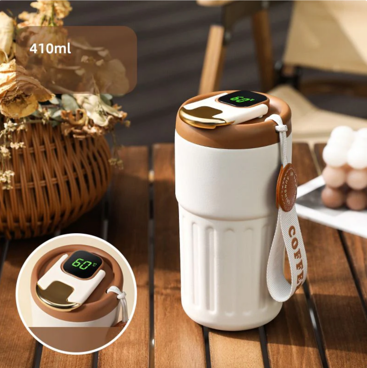 Thermosbecher 410ml, weiß, mit digitalem Temperaturdisplay, ideal für Kaffee unterwegs.