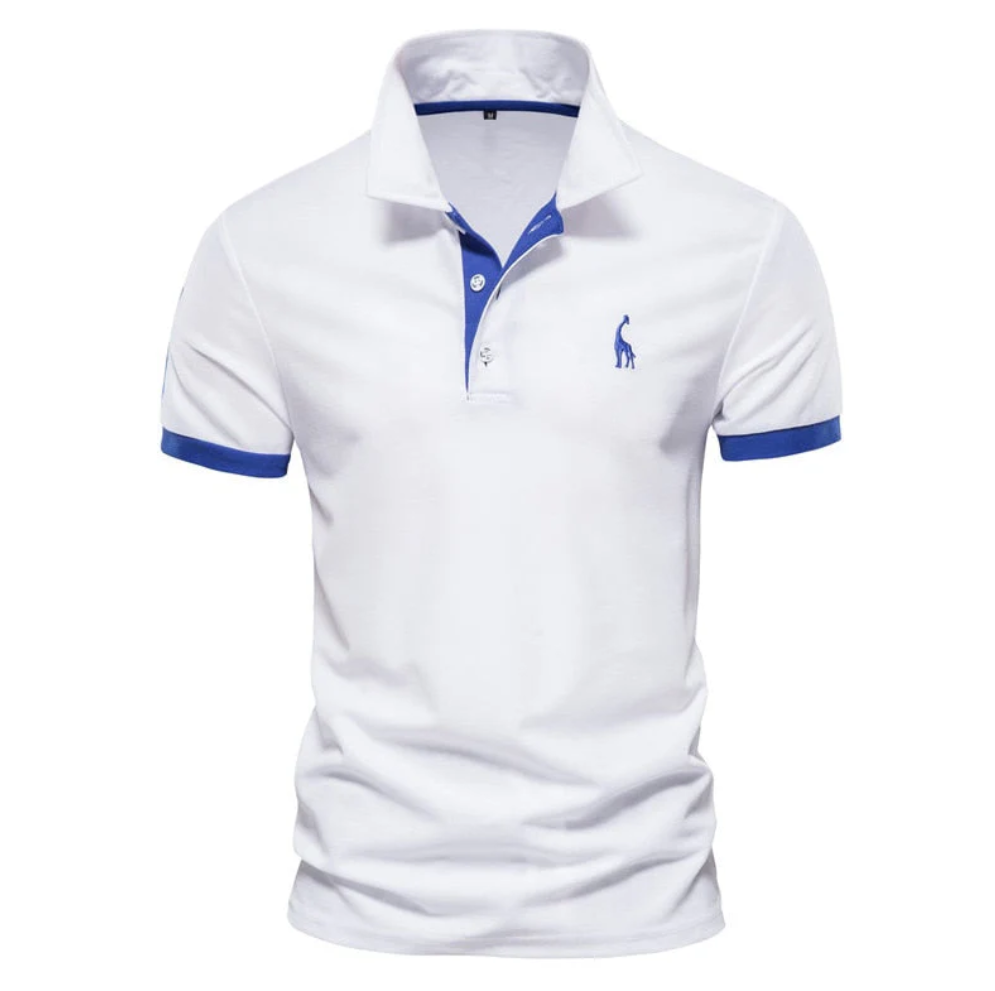 Weißes Herren-Poloshirt mit blauen Akzenten, Kurzarm, Baumwolle, klassischer Kragen.