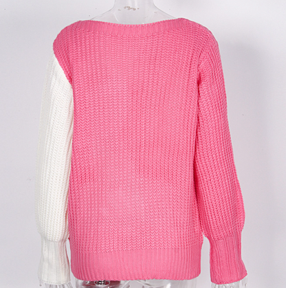 Rosa Strickpullover mit weißem Ärmel, Damenmode, gemütlicher Winterpullover, Baumwolle.