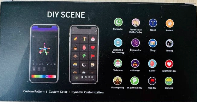 Rückseite der Verpackung mit zwei Smartphone-Ansichten und bunten Symbolen für DIY-Szenen zu Festen und Anlässen 11